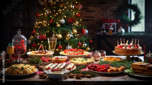 Festive table with numerous dishes on the background of the Christmas tree