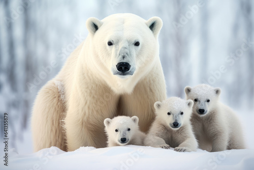 Polar bear with her cubs on a snowy background © Venka