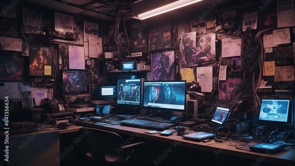 Naklejka premium cool decoration photos with lots of posters and cool use of room lights made by AI generative