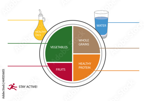 Plate of healthy food. Healthy plate. Vector illustration. Labeled educational food example scheme with vegetables, whole grains, fruit and protein as needed nutrition elements and ingredients.