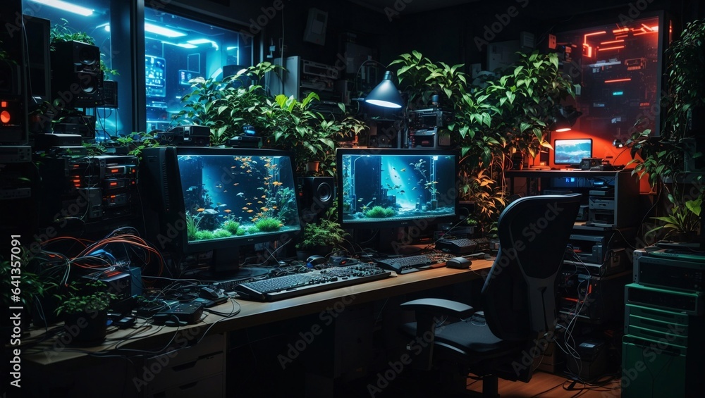 photo of workspace view with lots of computers with lots of electronic equipment with lots of greenery decorations made by AI generative photo of workspace view with lots of computers with lots of electronic equipment with lots of greenery decorations made by AI generative