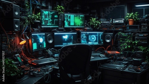 photo of a view of a workspace with lots of electronic equipment with a green theme with green plant decorations made by AI generative