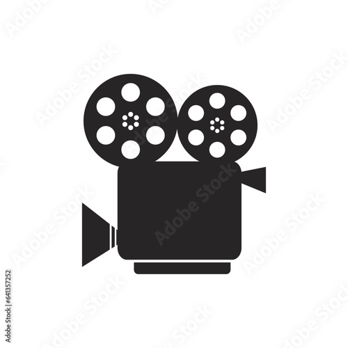 Illustration vector graphic portrays a movie camera in a sleek and simplified vector icon style.