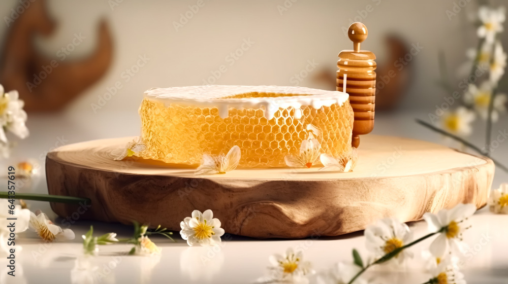 Still life with honey on a blurred background, generative AI.