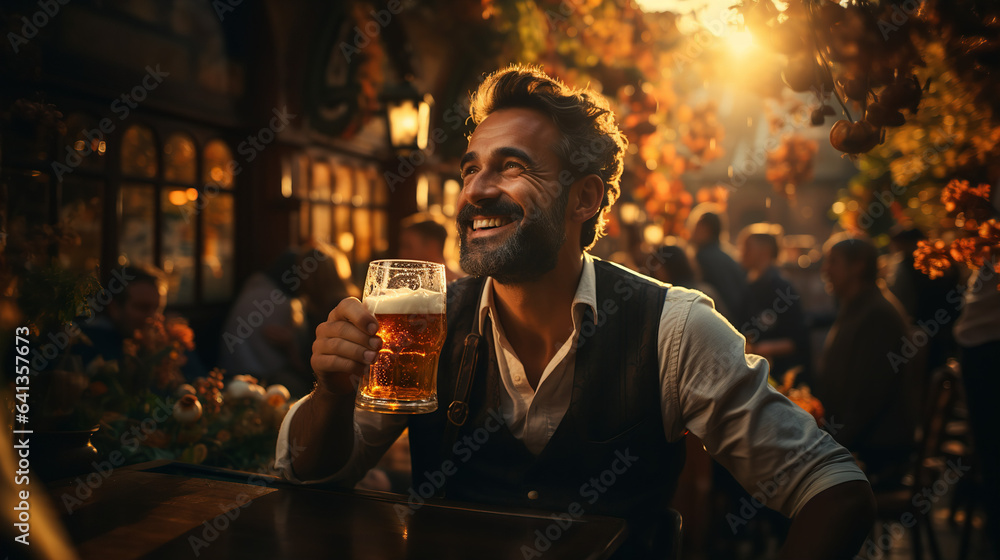 happy man drinking beer in bar