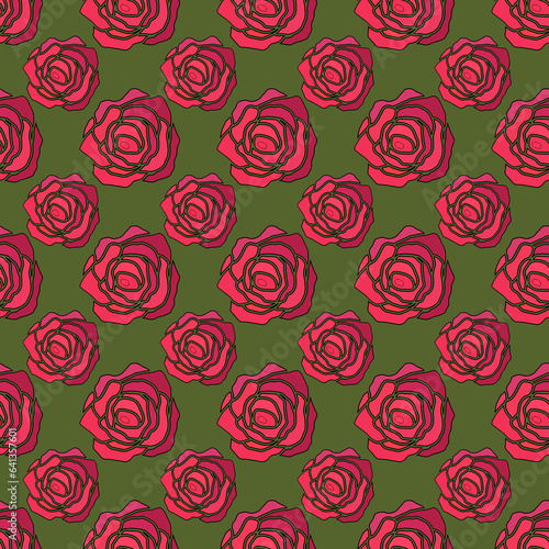 Seamless pattern with pink roses on green background