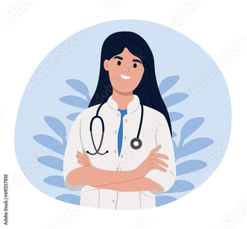 National Doctors' Day. Smiling therapist, general practitioner with crossed arms.