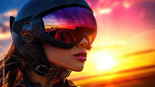 Beautiful woman in futuristic biker gear and helmet. Generative AI