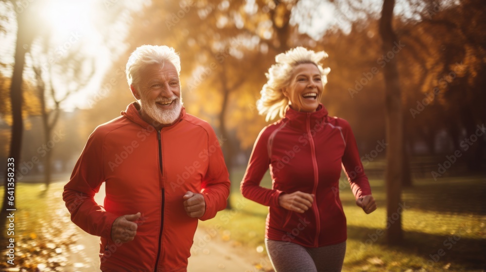 A romantic senior couple are jogging together in the morning sunrise.	