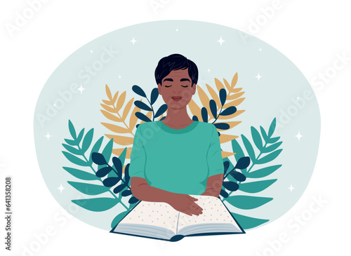 June 27 - International Day of the Deaf-Blind.World Braille Day. A smiling blind black woman reads something in Braille. November 13 - International Day of the Blind.