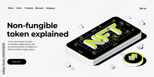 NFT abstract concept illustration in isometric design. Non-fungible token blockchain or marketplace. Cryptographic technology web banner layout.