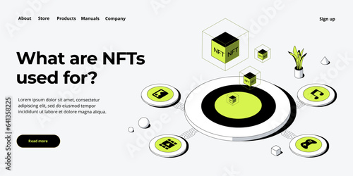 NFT abstract concept illustration in isometric design. Non-fungible token blockchain or marketplace. Cryptographic technology web banner layout.