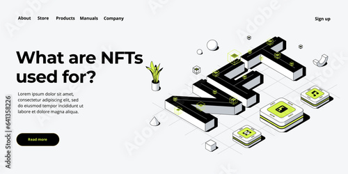 NFT abstract concept illustration in isometric design. Non-fungible token blockchain or marketplace. Cryptographic technology web banner layout.