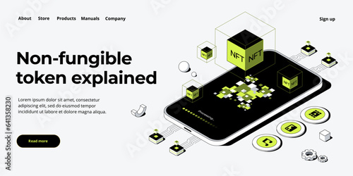 NFT abstract concept illustration in isometric design. Non-fungible token blockchain or marketplace. Cryptographic technology web banner layout.