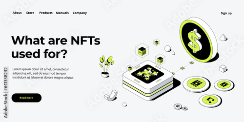 NFT abstract concept illustration in isometric design. Non-fungible token blockchain or marketplace. Cryptographic technology web banner layout.
