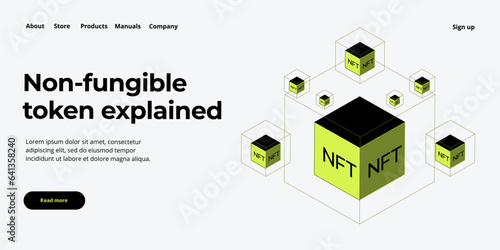 NFT abstract concept illustration in isometric design. Non-fungible token blockchain or marketplace. Cryptographic technology web banner layout.