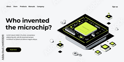 Microchip concept illustration in isometric vector design. Semiconductor or computer processor chip production. CPU hardware technology web banner layout.