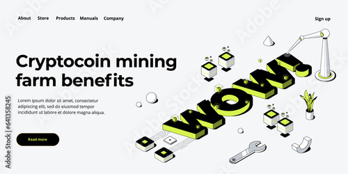 Cryptocoin mining farm layout. Cryptocurrency and blockchain network business isometric vector illustration. Crypto currency exchange or transaction process background.