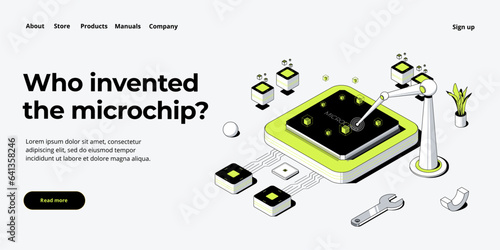 Microchip concept illustration in isometric vector design. Semiconductor or computer processor chip production. CPU hardware technology web banner layout.