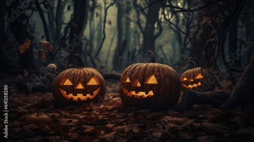 Enchanting Halloween Scene: Pumpkins on Wood in a Spooky Forest at Night, generative AI © Stockerl