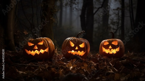 Enchanting Halloween Scene: Pumpkins on Wood in a Spooky Forest at Night, generative AI © Stockerl
