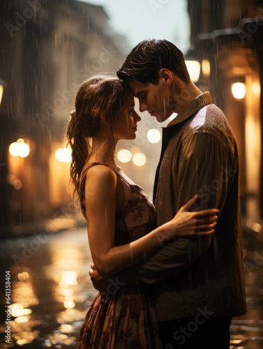 young couple dancing in the rain. Joyful smiles. Holding each other close, ai generated.