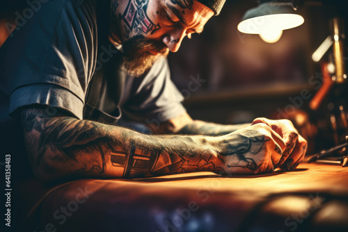 a tattoo artist at work, needle in hand. Concentrated gaze. Ink on skin, ai generated.