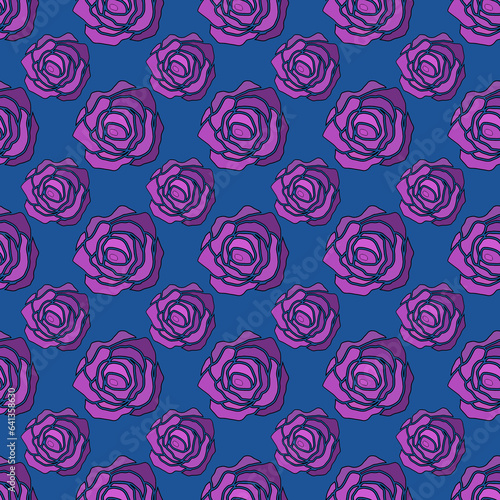 Seamless pattern with purple roses on blue background