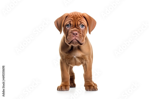 a Bordeaux puppy dog in front of a white background 