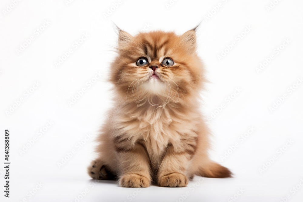 a Persian cat in front of a white background. 