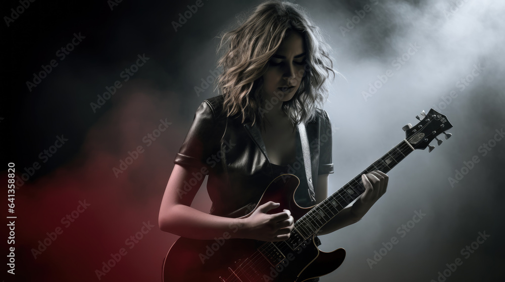a teenage girl playing an acoustic guitar. Dramatic black and white with highlights and smoke