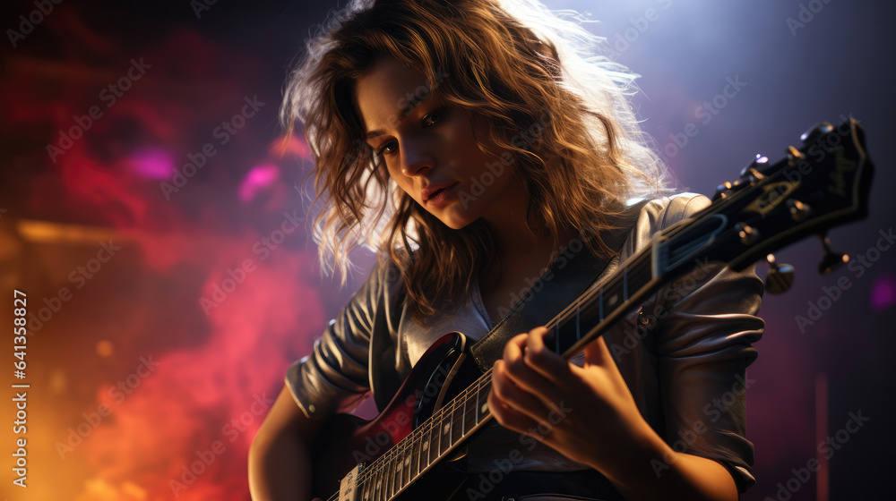 a teenage girl playing an acoustic guitar. Dramatic black and white with highlights and smoke a teenage girl playing an acoustic guitar. Dramatic black and white with highlights and smoke