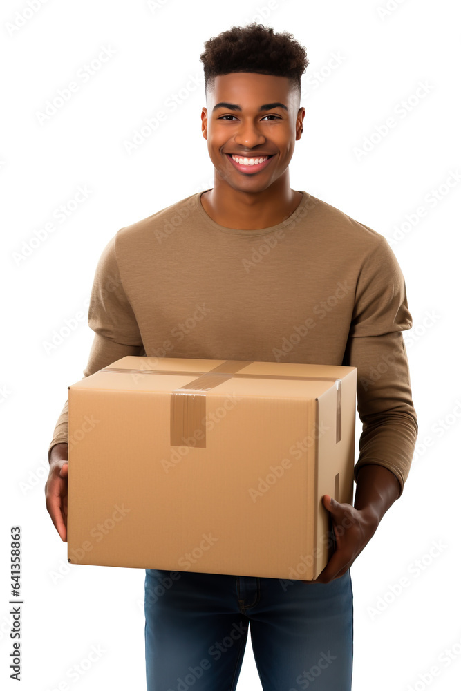 Man holding a cardboard box, could be moving or could be delivering a package. Isolated on white background. Man holding a cardboard box, could be moving or could be delivering a package. Isolated on white background.