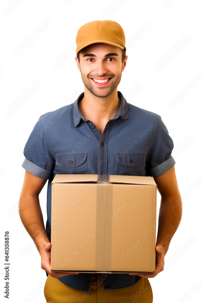 Man holding a cardboard box, could be moving or could be delivering a package. Isolated on white background. Man holding a cardboard box, could be moving or could be delivering a package. Isolated on white background.