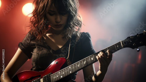 a teenage girl playing an acoustic guitar. Dramatic black and white with highlights and smoke