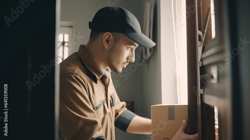 Efficient Parcel Delivery: Delivery Courier Guy Ringing at the Door, generative A