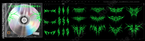 Neo-tribal elements, patterns reimagined in a modern gothic style, streetwear, decorative design elements for typography, apparel, tattoo, poster, cover art etc. Succubus Y2K womb tattoo. 