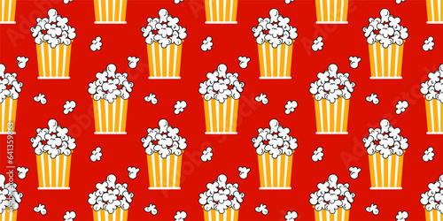 Popcorn yellow and white striped bucket, box seamless pattern on red background. vector illustration cartoon style