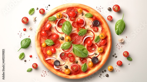 Pizza with tomatoes and basil on a white background, generative AI.