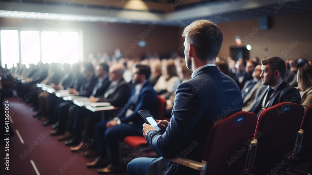 Keynote Speaker with microphone speaking in front of Dynamic Conference meeting, generative AI Keynote Speaker with microphone speaking in front of Dynamic Conference meeting, generative AI
