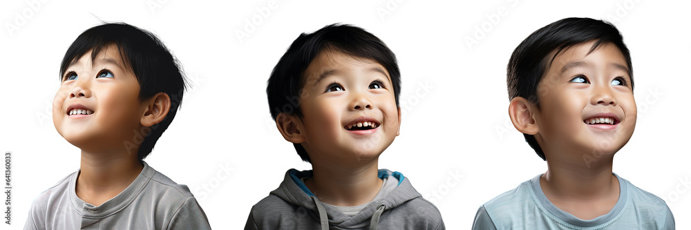 Smiling Asian boy with one eye looking upward on transparent background Smiling Asian boy with one eye looking upward on transparent background