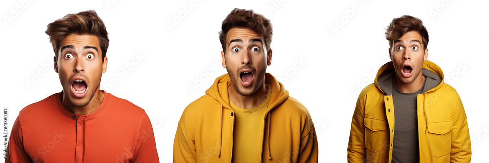 Scared young man with wide open mouth in shock against a transparent background looking handsome Scared young man with wide open mouth in shock against a transparent background looking handsome