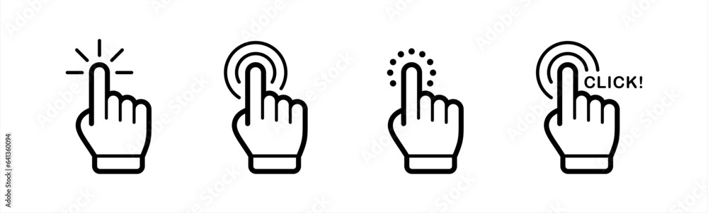 Click here icon set in line style. Hand click, Hand clicking, finger, Touch screen, pointer, cursor, gesture, mouse press push simple black style symbol sign for apps and website, vector illustration. Click here icon set in line style. Hand click, Hand clicking, finger, Touch screen, pointer, cursor, gesture, mouse press push simple black style symbol sign for apps and website, vector illustration.