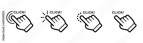 Hand click icon set in line style. Click here, Hand clicking, finger, Touch screen, pointer, cursor, gesture, mouse press push simple black style symbol sign for apps and website, vector illustration. photo