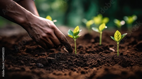 Gardener's hand planting seedlings into the ground