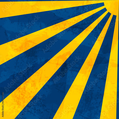 Yellow blue background sun rays retro grunge 60-70 years. Abstract texture pattern radial rays explosion. Vector background.