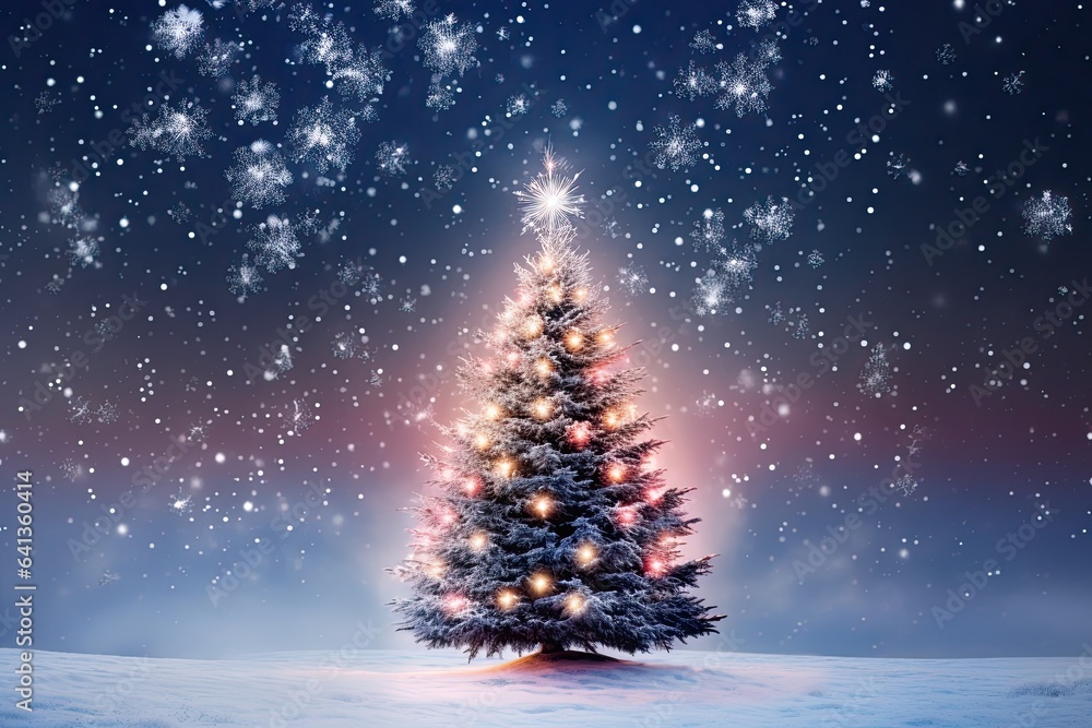 christmas tree in snow, holiday card background