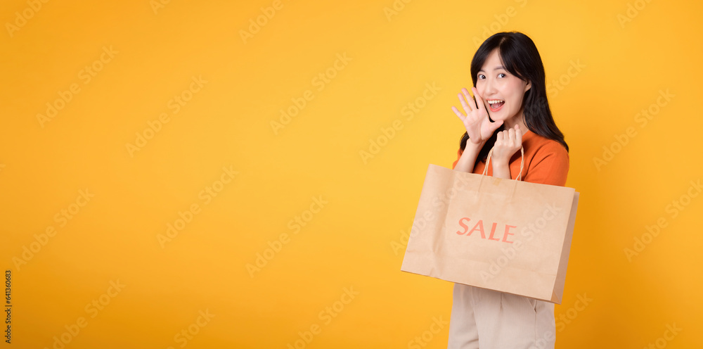 Experience the joy of shopping with a trendy twist. Young woman in her 30s celebrates fashion and discounts, showing her purchases in an exciting retail concept. Experience the joy of shopping with a trendy twist. Young woman in her 30s celebrates fashion and discounts, showing her purchases in an exciting retail concept.