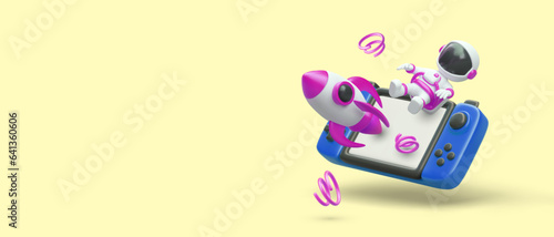 Space games on console. Realistic gamepad, rocket, astronaut. Gadgets for fun. Vector concept on yellow background. Place for promotional announcements, prices, invitations