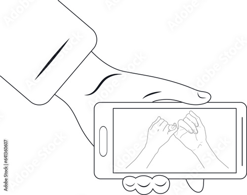 The concept of love and teamwork. Two hands hold each other. Symbol of happy partnership, success, childhood, friendship. Flat design. Vector.black and white smartphone